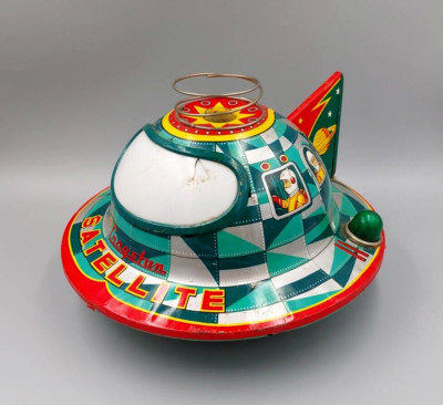 Vtg Cragstan Battery Operated Tin Litho Space Craft Satellite