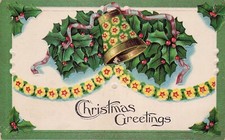 Christmas Card Bell Holly Yellow Flowers Green Frame Winsch Vtg Postcard D53