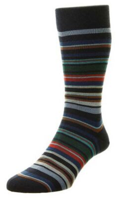 Pantherella Mens Quakers All Over Multi Stripe Merino Wool Socks - Navy