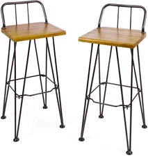 Denali Outdoor Industrial Acacia Wood Barstools with Finished Iron Frame, 2-Pcs