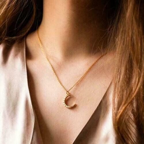 Rundschliff simulierter Feueropal Mond Anhänger mit Kette in 14k Gelbgold vergoldet - Bild 2 von 4