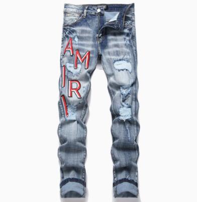 Mens Blue Denim Jeans Slim Fit Stretch Jeans Ripped Holes Embroidered Pants Punk