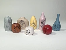 Line Face & Flower Vases - Doll House Mini- French Feves - Set of 8 - Porcelain