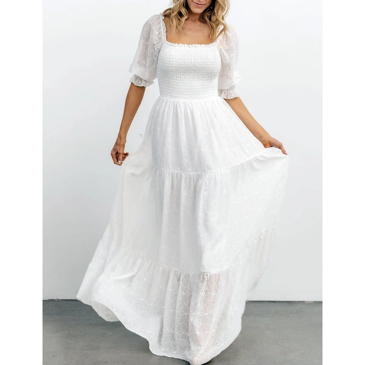 Baltic Born - Smocked Lace Bailey Eyelet Maxi Dress in White - 3X NWT