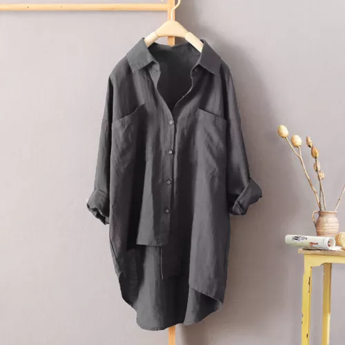 Womens Cotton Linen Button T Shirt Asymmetry Blouse Long Sleeve Tops Tee Shirts
