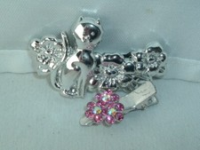 VINTAGE SILVER PLASTIC CAT BARRETTE  TINY PINK RHINESTONE HAIR CLIP BARRETTE