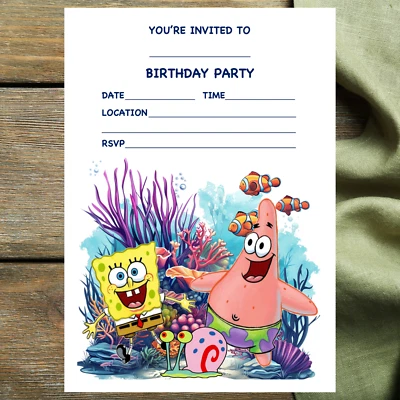 PEACHY IMPRESSIONS SPONGE BOB PARTY INVITATIONS - 10 A5 paper invites & envelopes