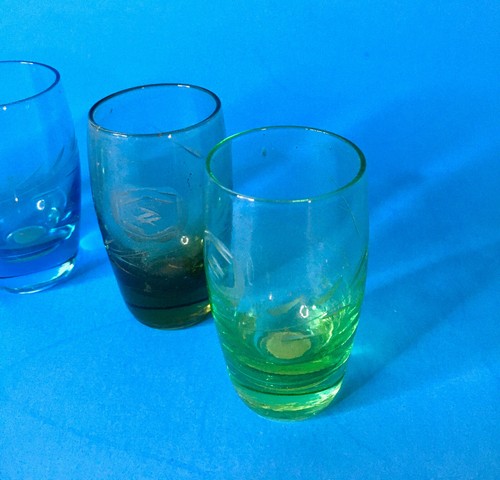 Shot Glasses Etched Glass Rose Motif Made in Japan Mid-Century Colored Glass - Picture 2 of 13