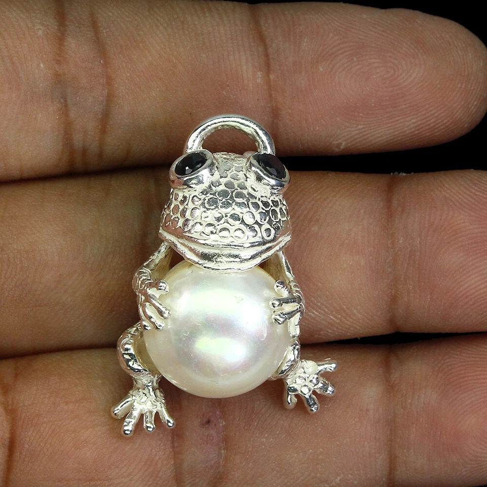 925 Pendente Argento Sterling Barocco Perla Bianca 14mm Spinello Rana Gioielli - Immagine 2 di 4
