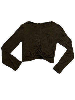 Gaze Women's Dark Olive Long Sleeve Round Neck Cropped Blouse Top Size M