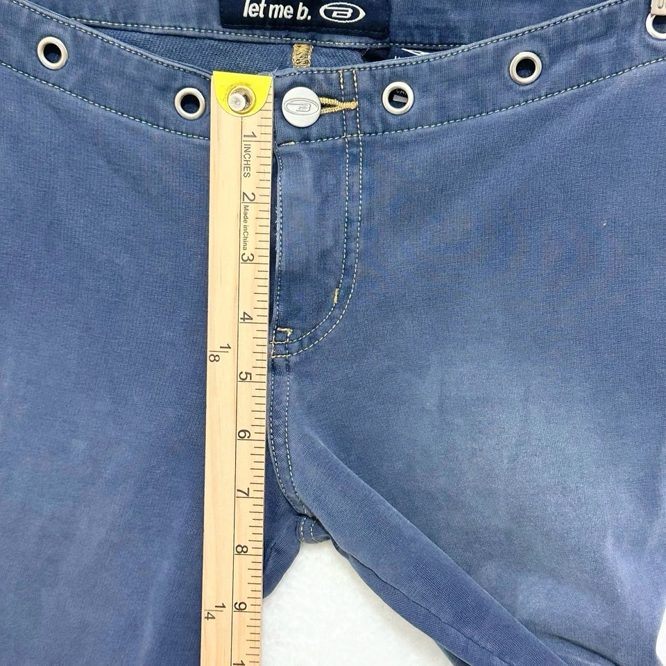 Y2K Vtg Let Me B Low Rise Flare Pants Blue 7 Small Grommet Waist Stretch 2000s - Image 4 of 4