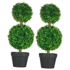  Set of 2 23.5" Artificial Ball Boxwood Topiary Trees with Pot, Indoor 2 balls