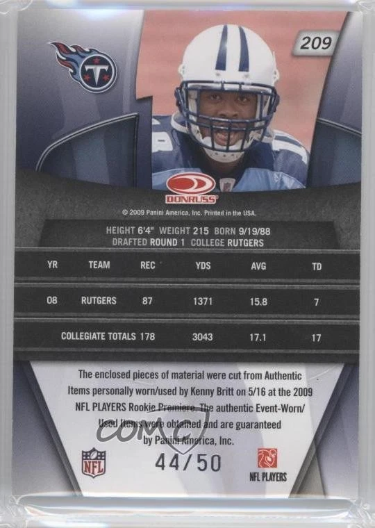 2009 Donruss Gridiron Gear Gems Combos Prime /50 Kenny Britt #209 Rookie RC - Image 2 of 2
