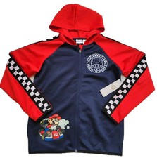 Mario Kart Boys Pockets Red Navy Checkered Zip Active Hoodie Jacket size L 10/12