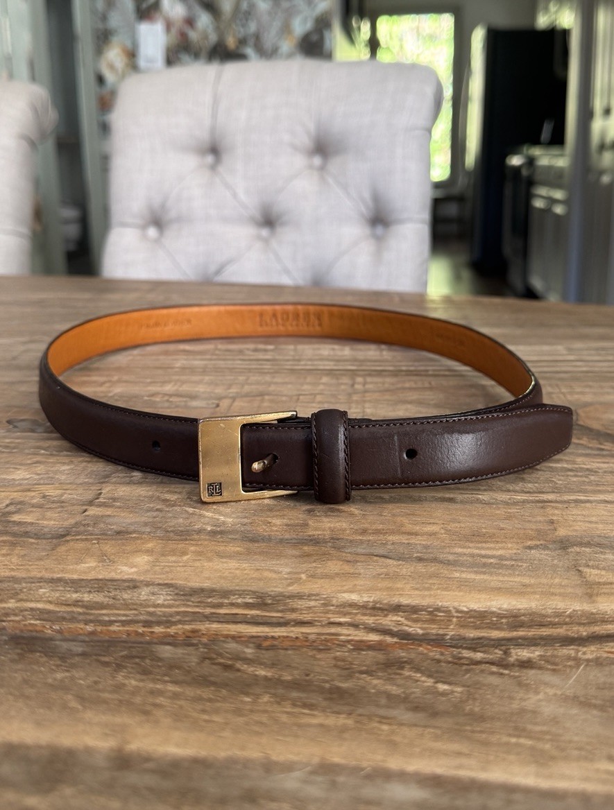 Vtg Lauren Ralph Lauren Brown Italian Leather Belt Brass Buckle L / 32" Womens