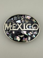 Mexico Abalone Mosaic Belt Buckle Oval Iridescent Inlay 1970s