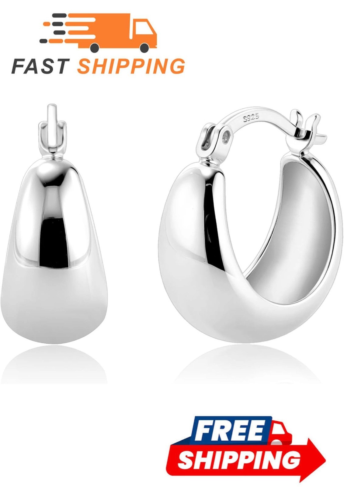 Sterling Silver Chunky Hoop Earrings for Women - Thick Huggie Wide Hoops