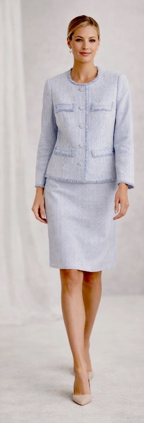 Conjunto de chaqueta y vestido Preston & York con flecos a rayas azules talla 10 nuevo con etiquetas