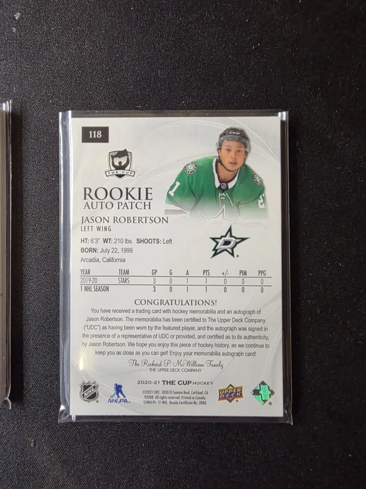 Jason Robertson Rookie Patch Auto/ 249 The Cup 2020-21 Dallas Stars - Image 2 of 2