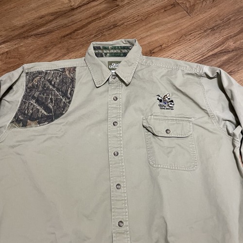 Quail Unlimited Hunting Beige Camo Shirt Men Size Measured Shooting Shoulder Pad - Picture 5 of 10