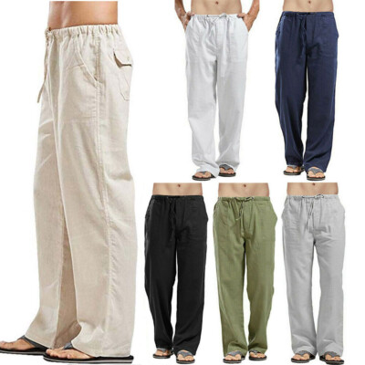 Wyobmus Mens Cargo Linen Pants Lightweight Summer Beach Pants Elastic Waist Drawstring Yoga Trousers Vacation Wide Straight Leg Pants Pockets A Khaki - View #5