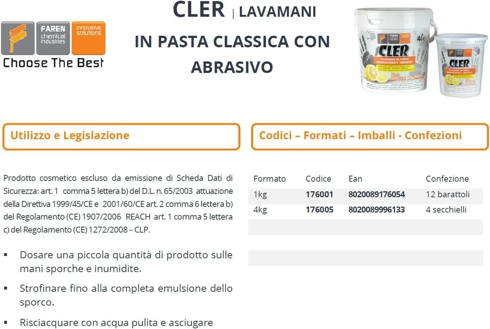 Faren CLER Pasta Lavamani Abrasiva alta qualità Emmoliente, succo di limone 4lt - Immagine 4 di 4