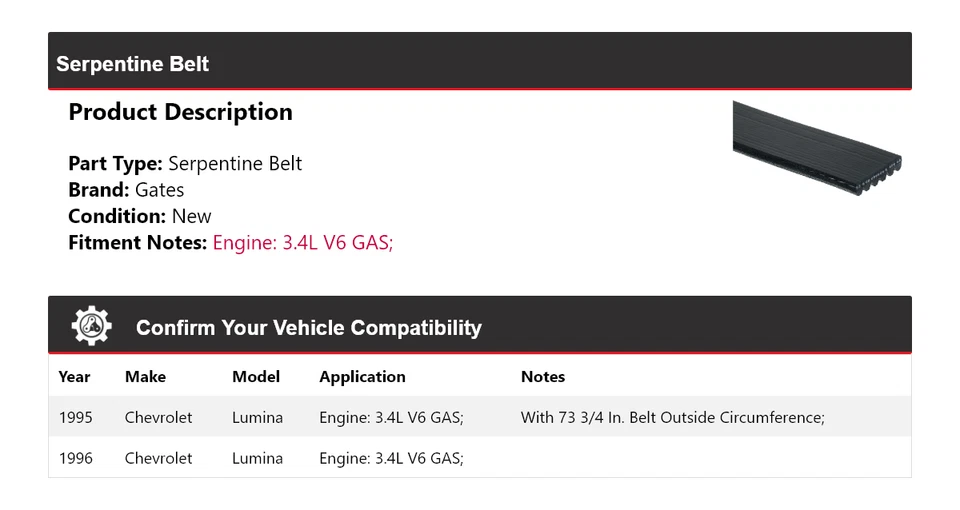 For 1995-1996 Chevrolet Lumina 3.4L V6 GAS Serpentine Belt Gates - Image 2 of 4