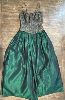 Sz 8 90's Y2K Corset Prom Dress Gown Emerald Green Brocade Jacquard Bustier  Gold | eBay