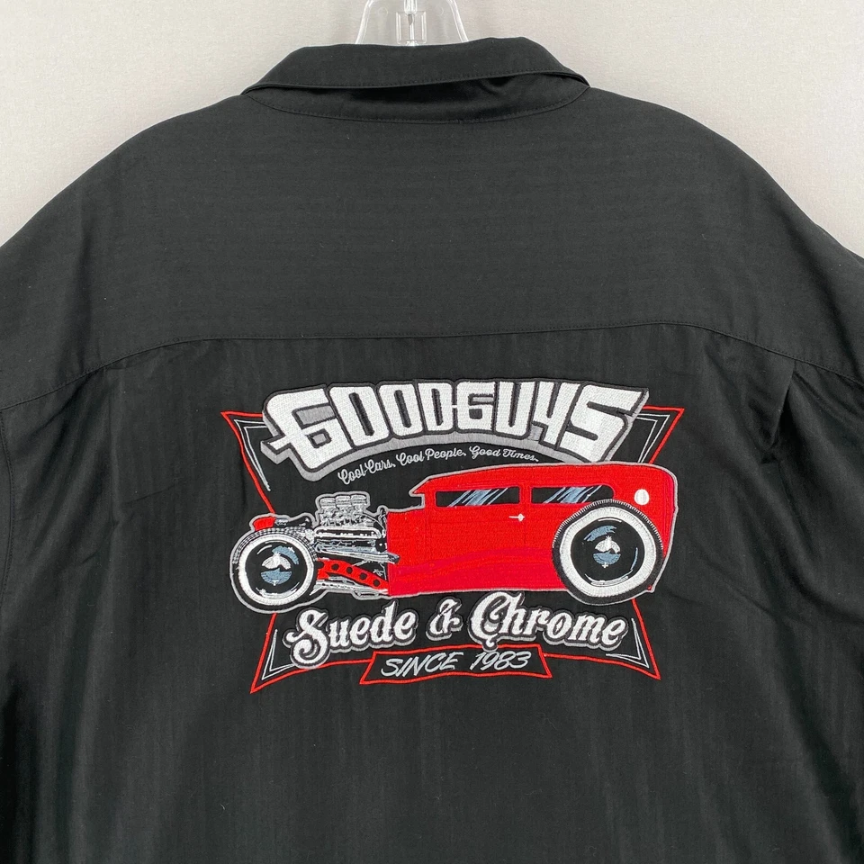 Vintage GOOD GUYS Hot Rod Camp Shirt Mens 3XL Black Suede & Chrome Logo - Image 3 of 4