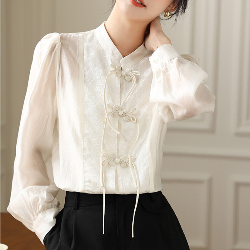 Women's See Through Chiffon Tops Shirt Puff Long Sleeve