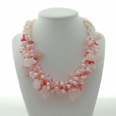 19'' 4 Strands Pearl Coral Rose Quartz Crystal Necklace