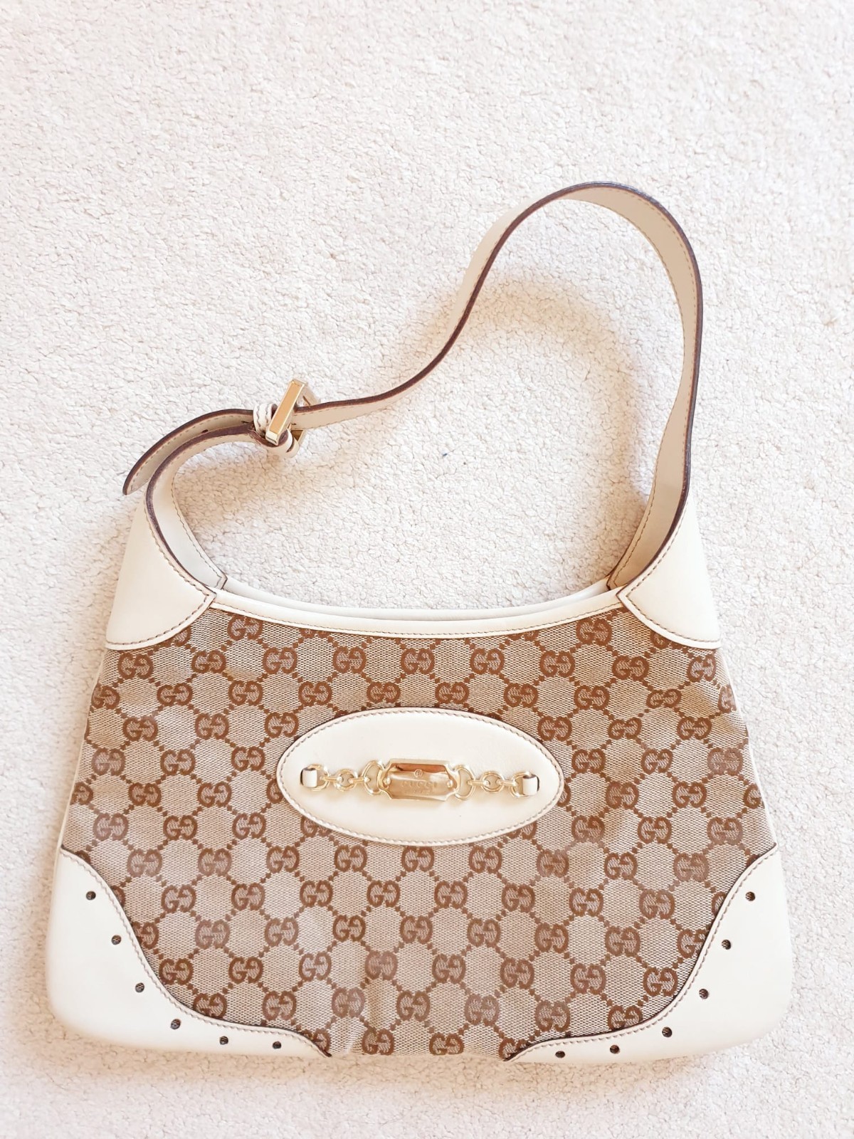 Gucci Marmont GG White Beige Leather & Fabric Jackie Medium Shoulder Bag