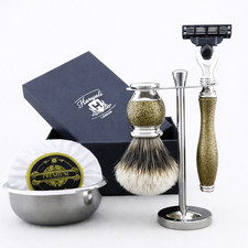 5pcs Gold Antique grooming kit with Silvertip Badger Hair Shaving 3 Edge Razor