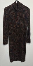 Zara Trafaluc Brown Animal Print Stripe Turtleneck Bodycon Midi Dress Size Small