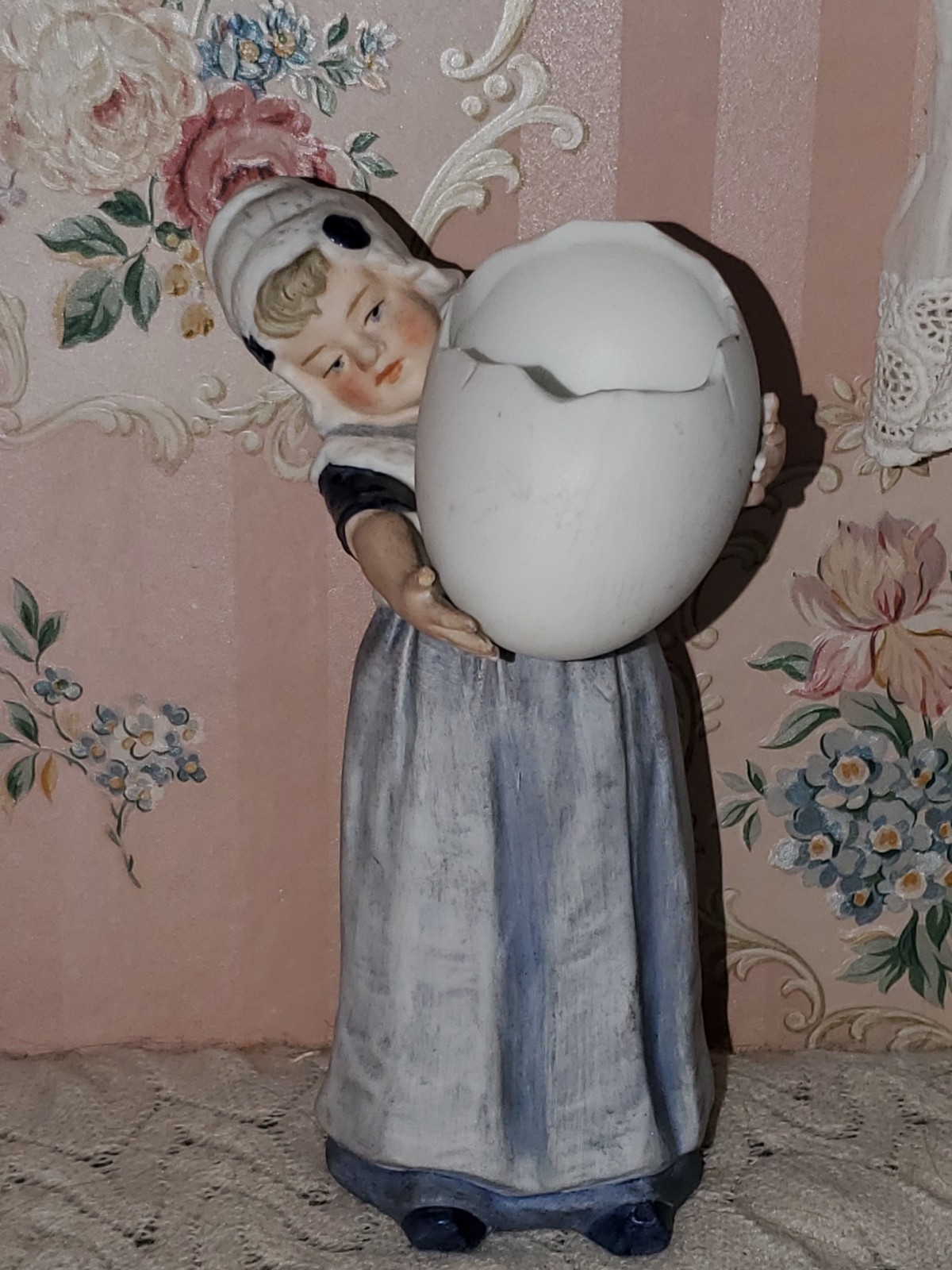 Heubach Bisque Figurine, Dutch Girl Carrying egg container 6.5”