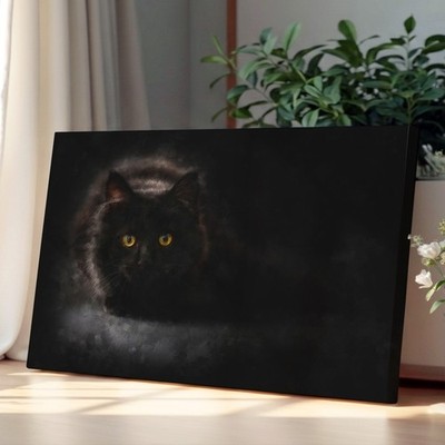 Schwarze Katze mit gelben Augen Leinwand Wandbild Kunstdruck Wohndeko fertig zum Aufhängen
