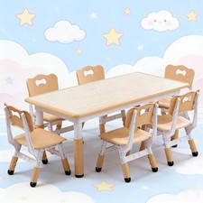 Height Adjustable Kids Table and 6 Chairs Set w/ Graffiti Desktop, Non-Slip Legs