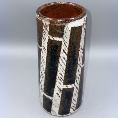 Vintage MCM Studio Pottery Vase Signed R. WHITE 7'' Cylinder Rust Orange Interior