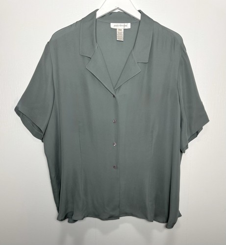 Jones New York Seidenbluse 24 W grün Kurzarm Knopfleiste plus Karriere Oberteil