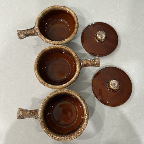 Vintage Hull Oven Proof Brown Drip Glaze Handled Soup Crock Bowls Set of 3 USA - Picture 6 of 17