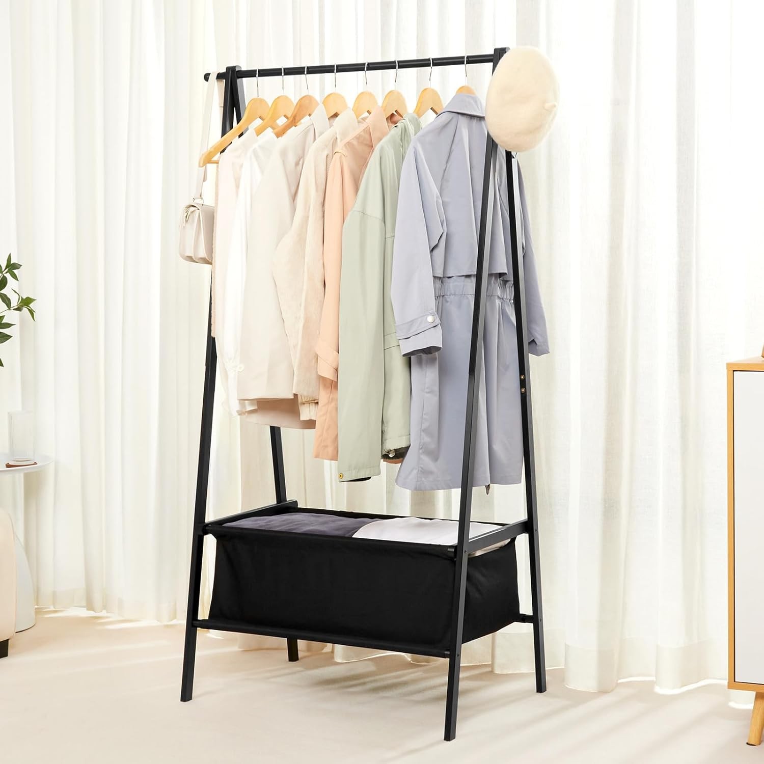Foldable Black Bamboo Clothes Rack with Storage Box – Space-Saving Garment Stand-image