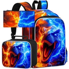 3PCS Dinosaur Backpack Set for Boys, 17" Water Resistant Bag with Lunch Box