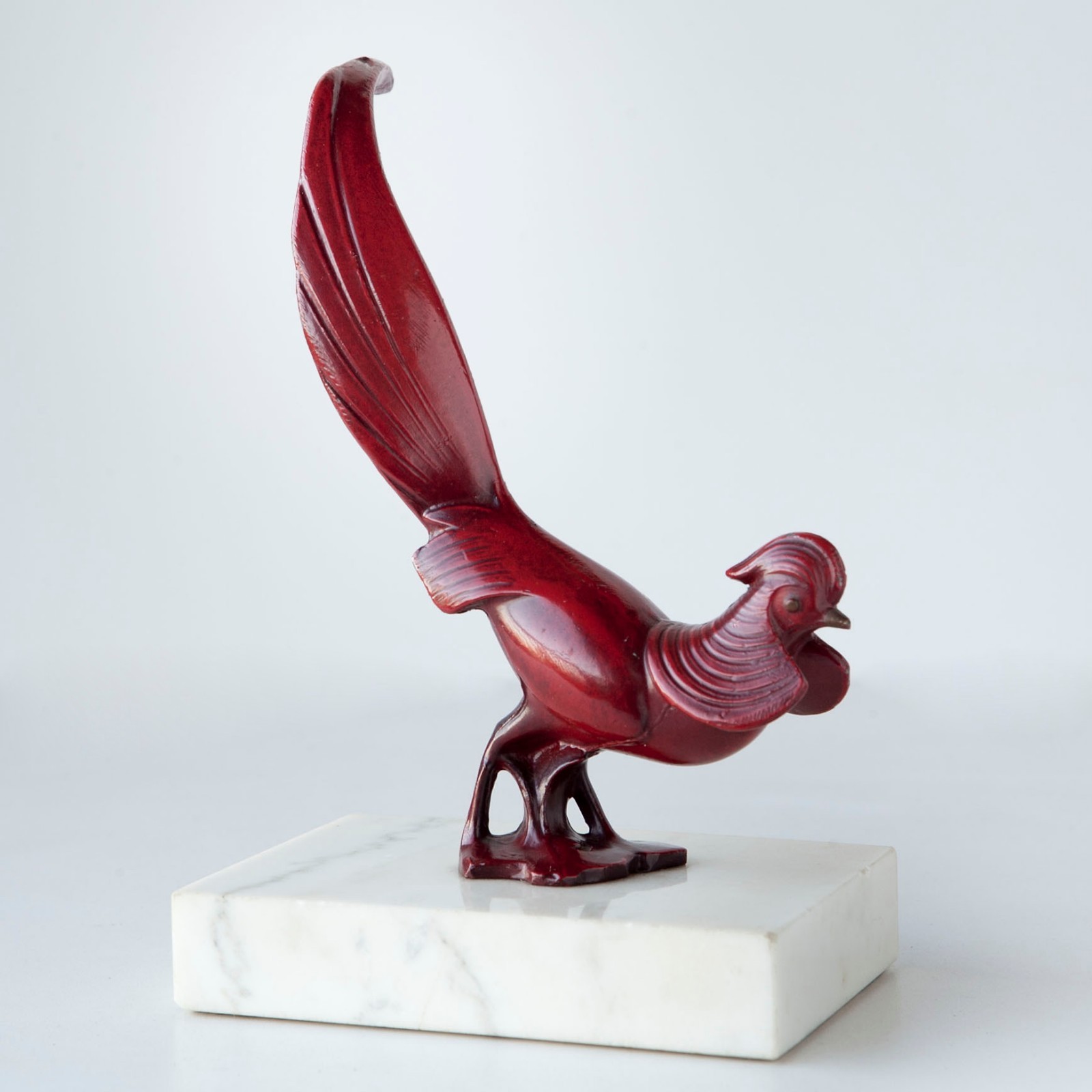 Vintage Art Deco Style Red Painted Metal Pheasant Sculpture on Marble Pedestal