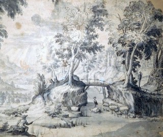 Drawing Waterfront Landscape German 1630. M. Merian Perimeter