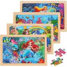 4-Pack 24 Pcs Wooden Kids Puzzles for Kids Ages 3-5,Unicorn,Mermaid Princess