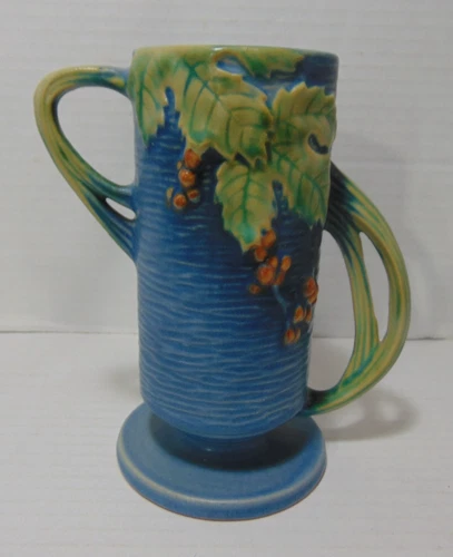 1940s ROSEVILLE ART POTTERY VASE BLUE BUSHBERRY 2 TWIG HANDLES #32-7 & 7" Tall