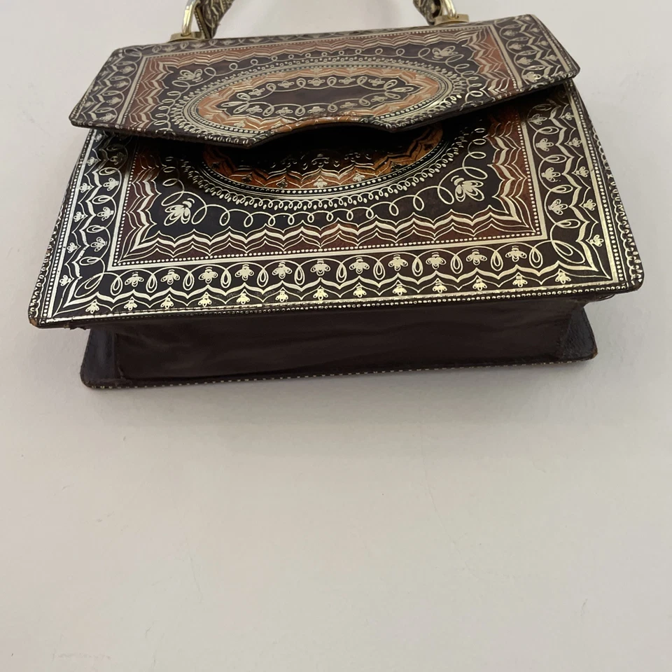 Vintage Embossed Leather Evening Bag Gold Brown Florentine Italy Luxury - Image 3 of 4