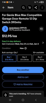 #ad For Genie Blue Max Compatible Garage Door Remote 12 Dip Switch 390mhz $15.50