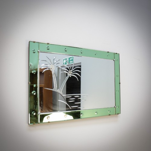 Art Deco bevel edged glass mirror with green glass boarder. Palm tree design - Picture 4 of 10