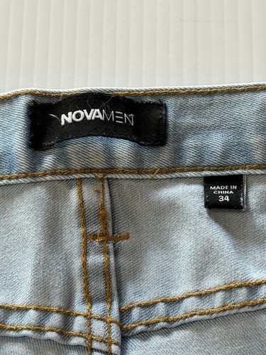 Pantalones de mezclilla Nova de moda para hombre 34 X 32 azules con rayas blancas desgastados ajustados elásticos - Imagen 4 de 7